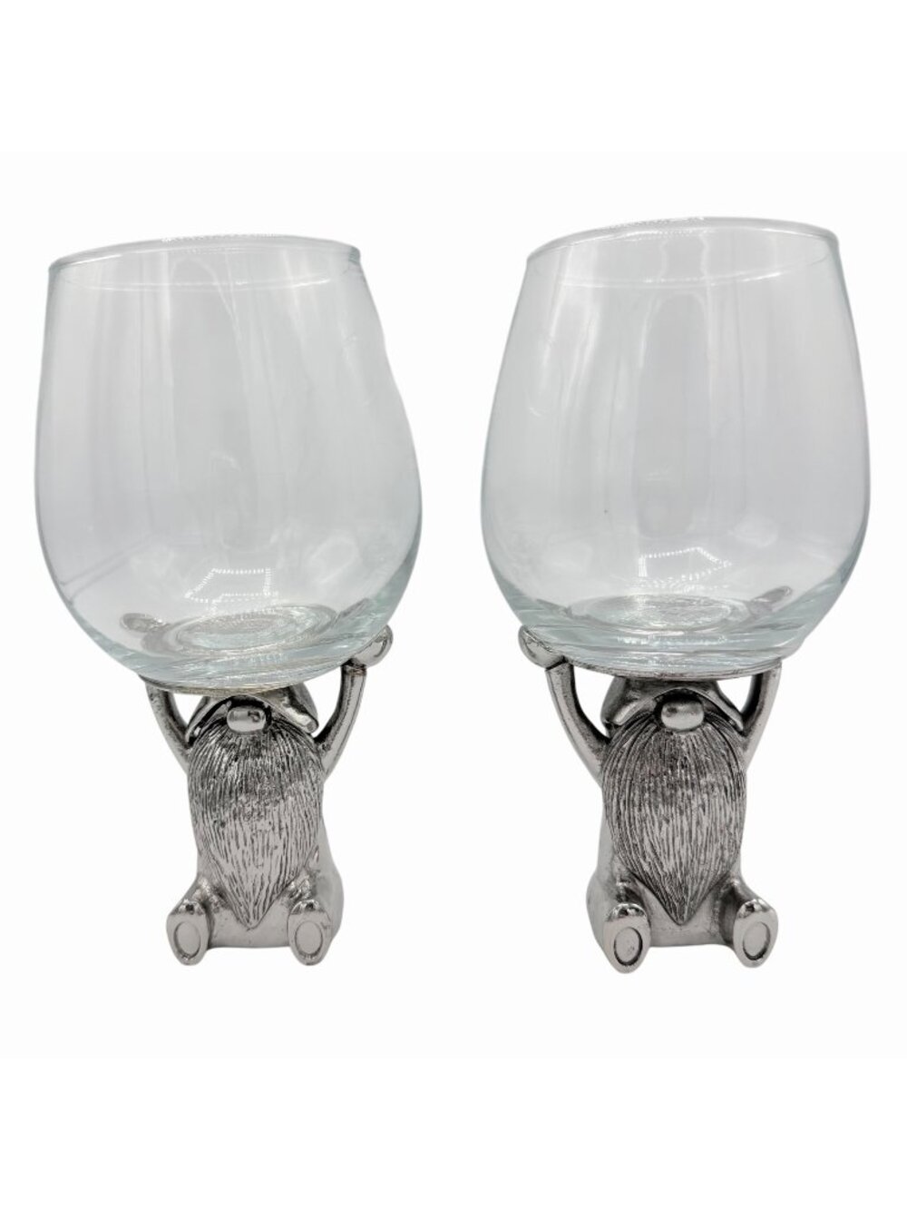 NWT ADORABLE SET OF 2 SILVER METAL GNOME BASE WINE GLASSES - TMD HOLDINGS